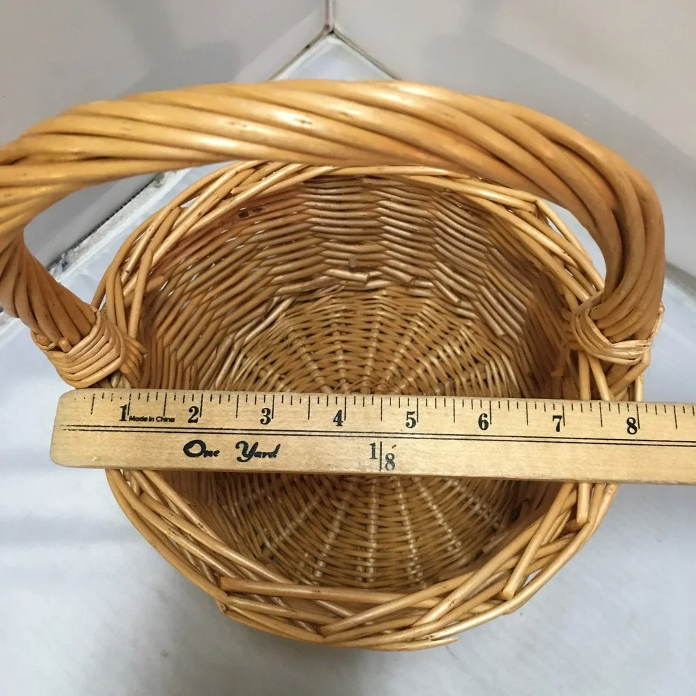 Wicker Round Basket Unisex Small Natural Tan Hand Woven Fixed Handle Cottagecore